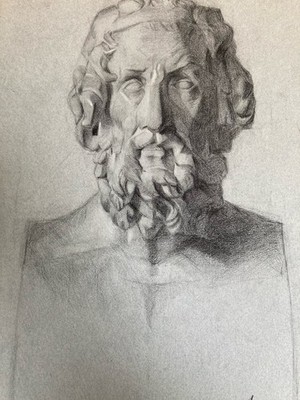 tres beau dessin fusain XIXe Barbe Ancien tete buste Homme Sculpté a identifier