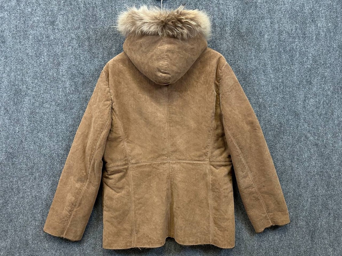 ☆TIME SALE 美品 Think fur Eco Suede Jacket EMC Brown Suede Hooded Jacket Coat with Asiatic Raccoon Fur Trim