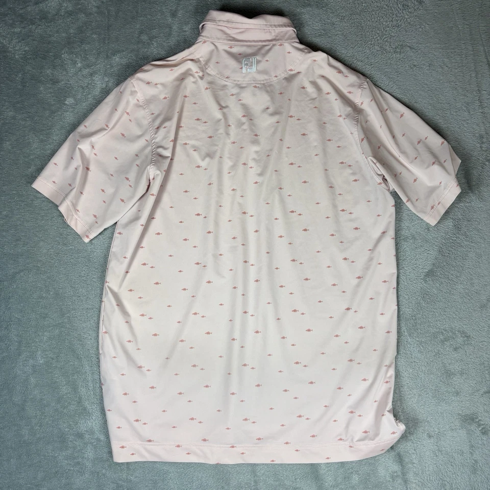 FootJoy Golf Shirt Polo Mens L Fish All Over Print Performance Preppy Pink Peach - Image 2 of 4