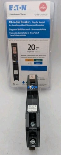 Eaton CH 20 Amp All in One AF/GF Plug-On-Neutral Breaker(CHFP120A1CS) *Open Box*