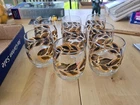 Vtg Set Of 8 Federal Glass Roly Poly Barware Gold Laurel Leaf Black/Gold MCM