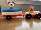 Vintage Fisher Price Little People Rare Car w/ Trailer Boat Wood Dog Disc Collar