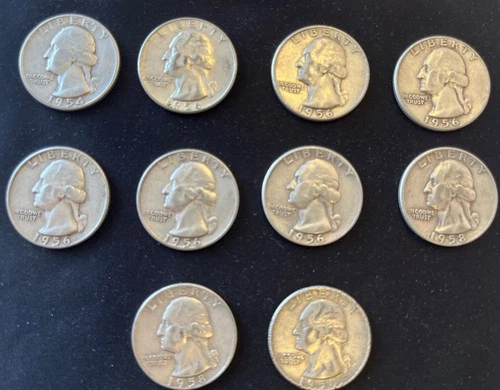 TEN (10) Silver Washington Quarters 1954-1958 Lot of 10 circulated silver coins