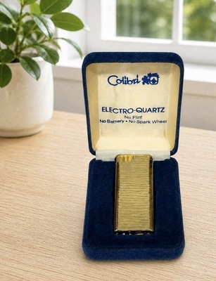 Vintage 80s Colibri Electro Quartz Gold Tone No Spark Wheel Lighter Original Box