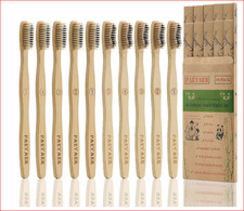 Bamboo Toothbrushes 10 Pack Biodegradable Soft Medium Charcoal Bristles