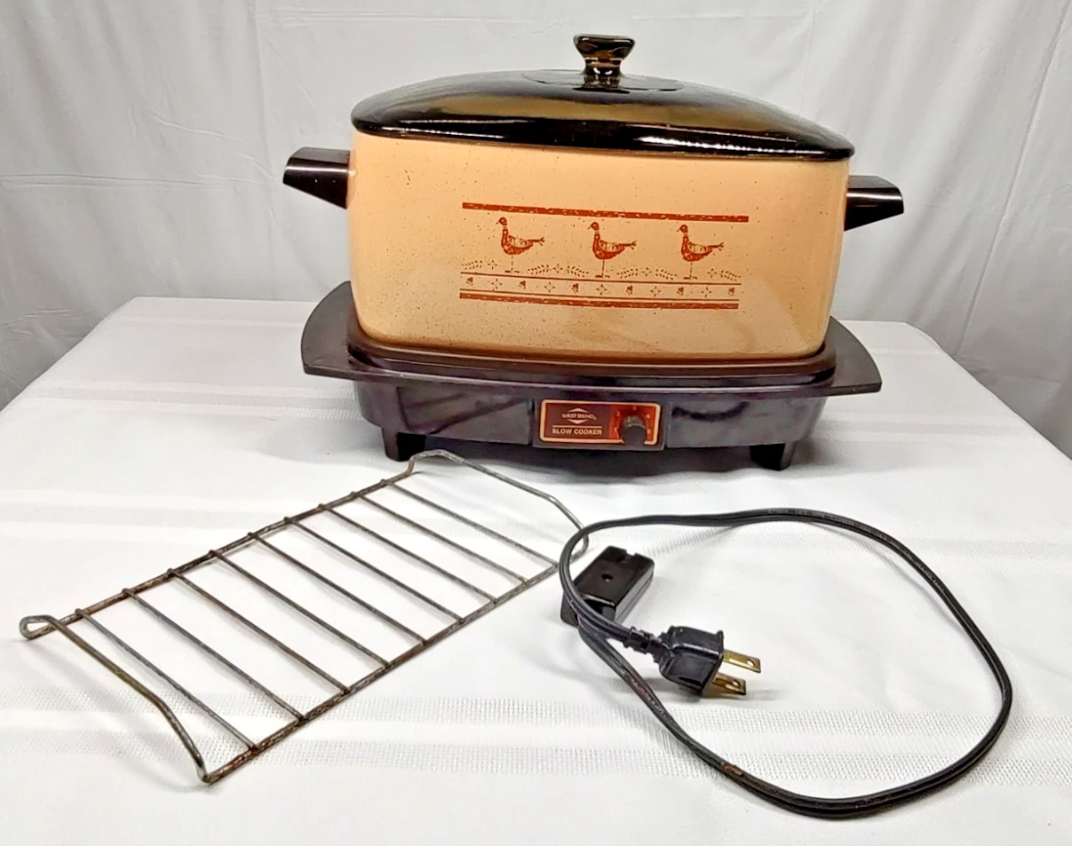 Vtg West Bend 6 Qt Slow Cooker Griddle Amber Glass Lid Chicken Rooster Tested