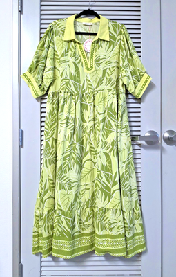 #ad green plant print collar ruffle hem long maxi dress XL $50.00