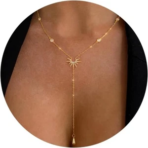 Collier de lariat d'or 14K Plaques CZ Y Bijoux pendentif d'angle de goutte en couches pour femmes