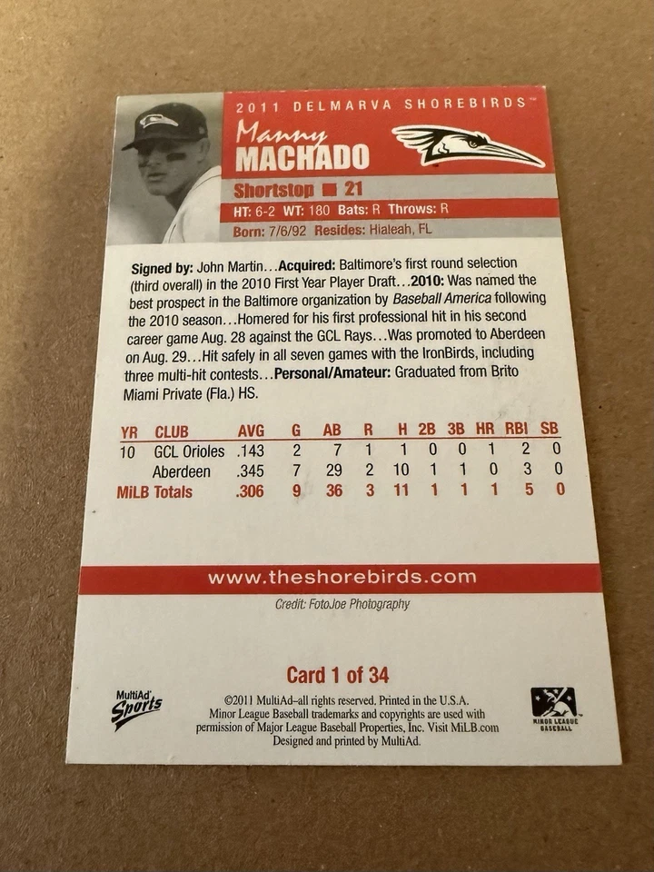 Manny Machado 2011 Delmarva Shorebirds Signed/Auto Card - Image 2 of 2