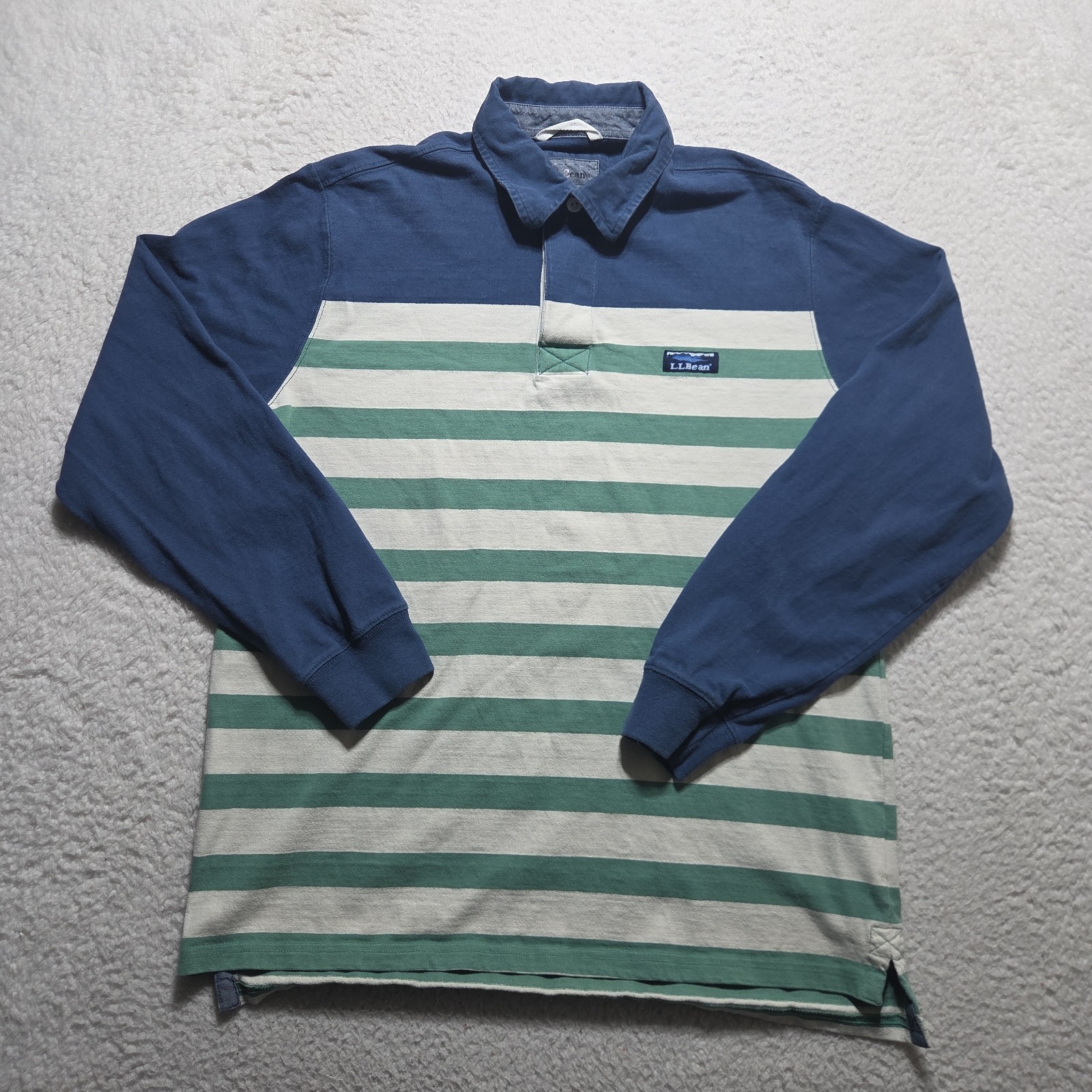 VTG LL Bean Rugby Polo Long Sleeve Men’s Size Medium Green Blue White Striped