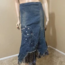 Women’s Blue Denim Cotton Stretch Boho Beads Lace Zip Size XL(10-12) Skirt 3417