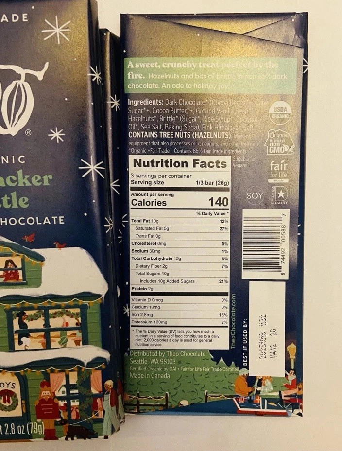 Cascanueces Theo 55 % chocolate negro quebradizo 2,8 OZ LOTE DE 4 BARRAS ECOLÓGICAS DE COMERCIO JUSTO Foto 2 de 2