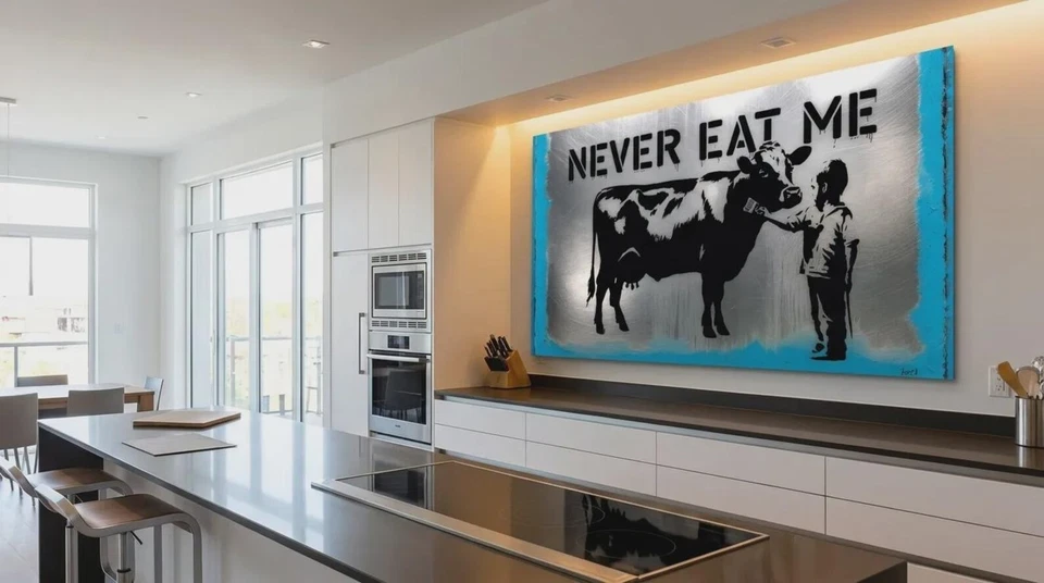 Banksy Hommage Never eat me gebürstetem Silber-Alu  XXL, limitiert, edel Pop Art - Bild 4 von 4