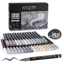 32 Colors Acrylic Paint Markers, Paint Pens Brush Tip Water-Based Acrylic Mar...