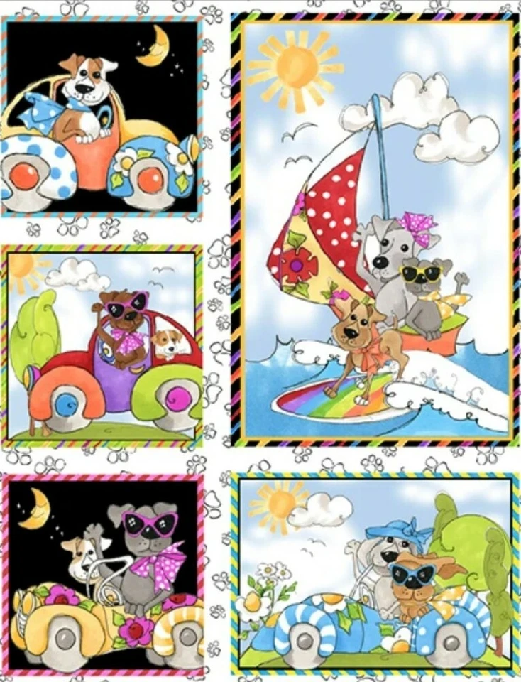 Loralie Designs Go Doggie - Azul cielo - Panel de acolchado y artesanía con autos y perros Foto 2 de 4