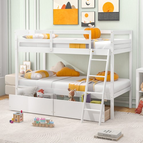 Bunk Solid Wood Bed Frame with Ladder, Guardrails & Convertible Storage Cube - Picture 3 of 8