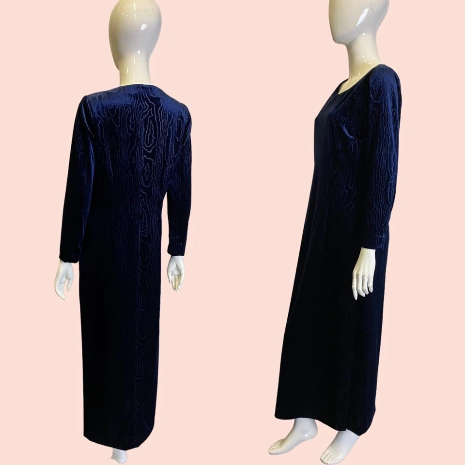 Vintage 90's Bleu Marine Velours Robe Maxi 12-14 Maxi Whimsygoth Gothique Rétro - Photo 2/4