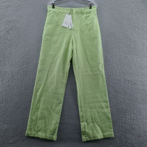 Zara Womens Gingham Check Straight Leg Pants Large Green Ivory Cotton NEW