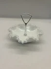 Vintage Fenton Ruffled Silver Crest Edge And White Silver Handle Candy Dish Bowl