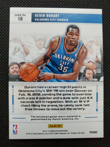 2012-13 KEVIN DURANT ABSOLUTE STAR GAZING JUMBO PATCH SP INSERT #6/10! GAME-USED - Picture 4 of 4