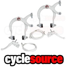 PRO WHITE OLD SCHOOL BMX BIKE MX COMPLETE BRAKE SET CALIPER,CABLE LEVER BIKE