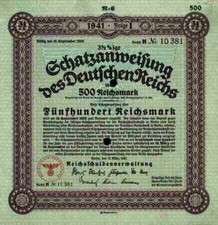 DEUTSCHES Reich Schatzanweisung 1941 Berlin Adler 500 RM Schultzenstein Quadrat