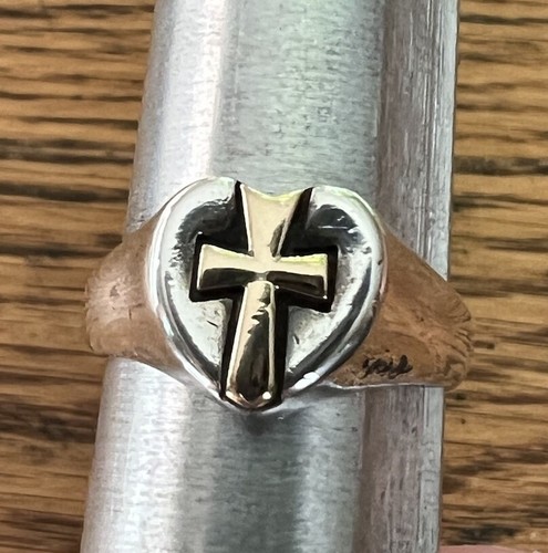 Retired James Avery 14K Yellow Gold Cross & Sterling Silver 925 Heart Ring Sz 8 - Picture 9 of 10