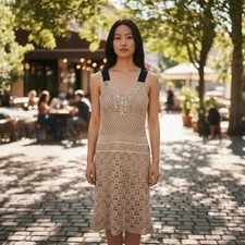 Crochet Embroidered Beaded Dress Velvet Straps Boho Luxe Festival Resort