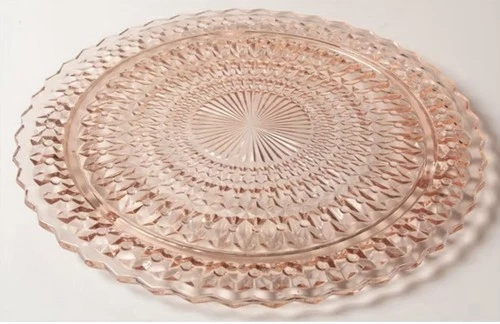 Vintage Jeanette Holiday Pink Buttons & Bows Glass Footed Cake Plate 10 1/2”