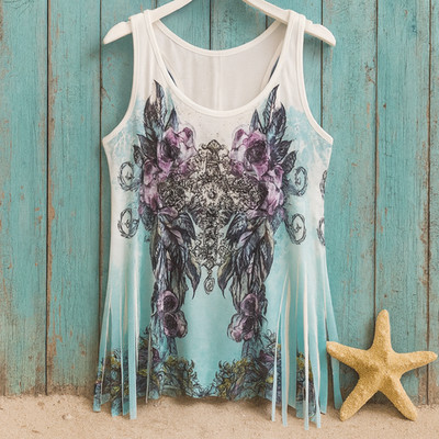 Urban X Tank Top Womens Racer Back Tattoo Cross Sublimated Print Rhinestones S