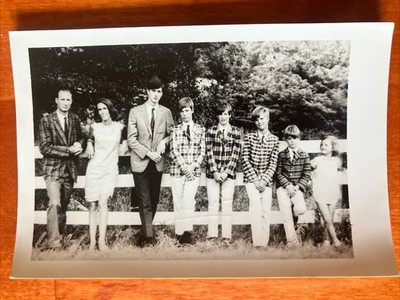 Large Family Picket Fence Plaid Suits Suburbia Vtg Found Photo 1960s ID'd 5 x 3