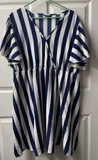 Shein Curve Striped Wrap Dress Womens Plus Size 3XL Blue White Striped Flutter