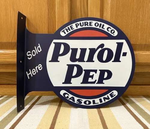 Pure Purol Pep Gas Oil Flange Sign Sold Here Vintage Style Wall Decor