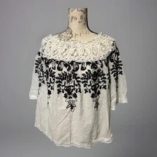 San Joy Blouse Small White Cotton Black Embroidered Lace Lightweight Boho