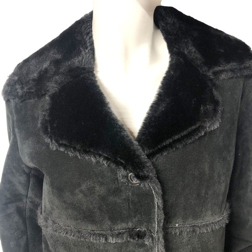 Vintage Y2K 2000s Express Black Suede Faux Shearling Long Coat S Small - Picture 2 of 8