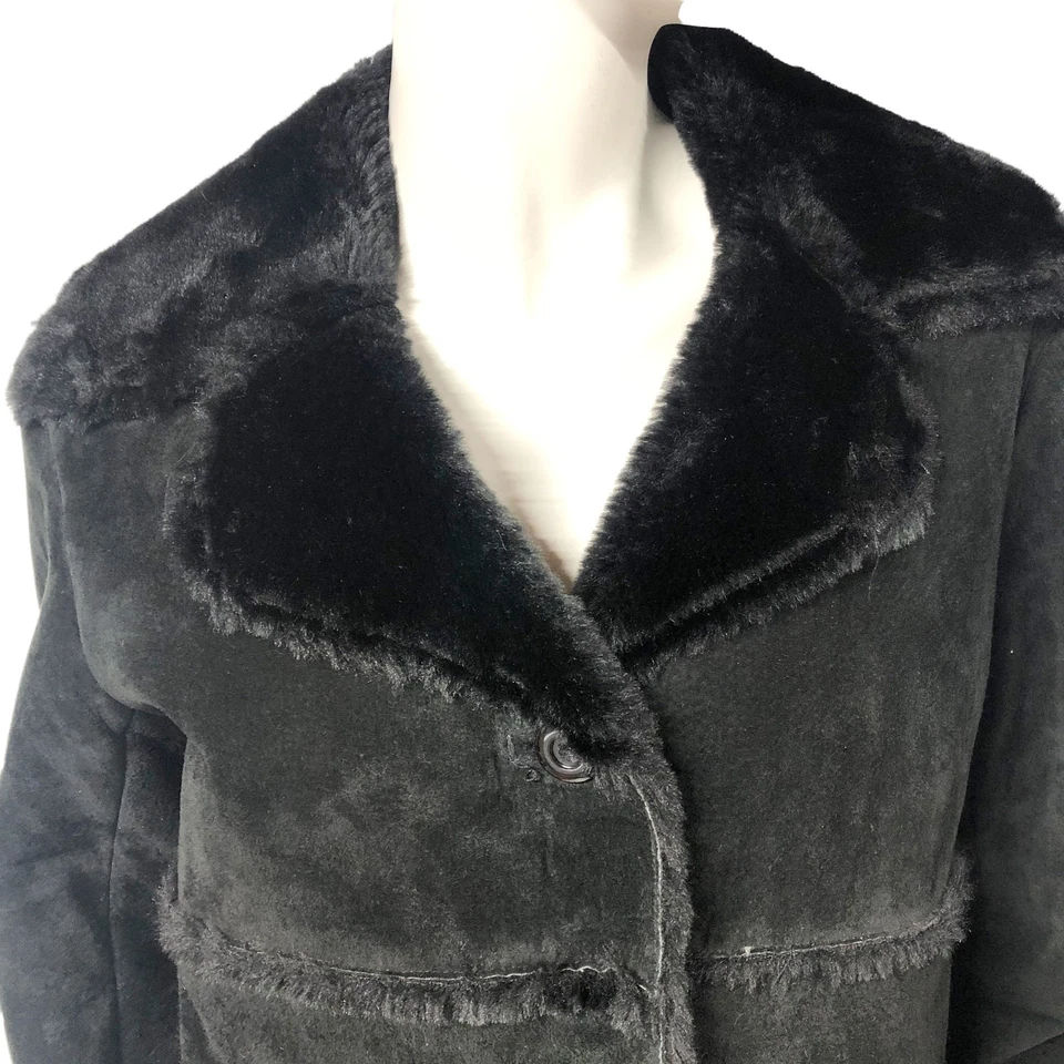 Vintage Y2K 2000s Express Black Suede Faux Shearling Long Coat S Small - Image 2 of 4