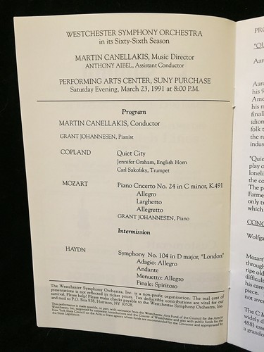 GRANT JOHANNESEN piano - Program Mar 1991 - Westchester, Purchase NY w/ TYPO! - Picture 1 of 2