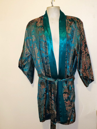 Vintage 1960s Oriental Kimono Robe Hong Kong Tourist Silk Brocade L Unisex Green