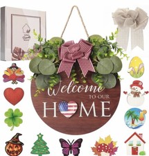Interchangeable Welcome Sign for Front Door with 4 Seasonal Wreaths and 14 Ch...