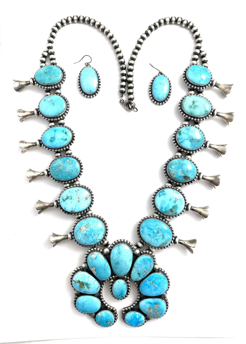 Native American Navajo Handmade Kingman Turquoise Squash Blossom