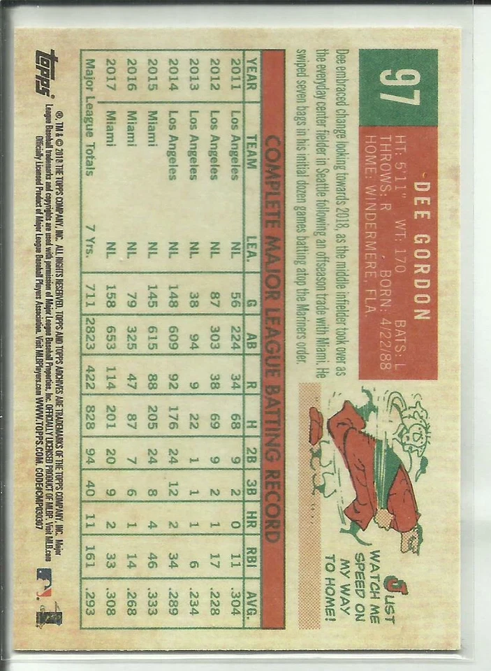 2018 Topps Archives 1959 Design #97 Dee Gordon Seattle Mariners - Image 2 of 2