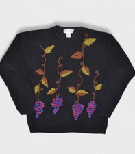 Vintage Sweater Bee Sweater Womens S Black Grapes Vineyard 3D Knit Crewneck