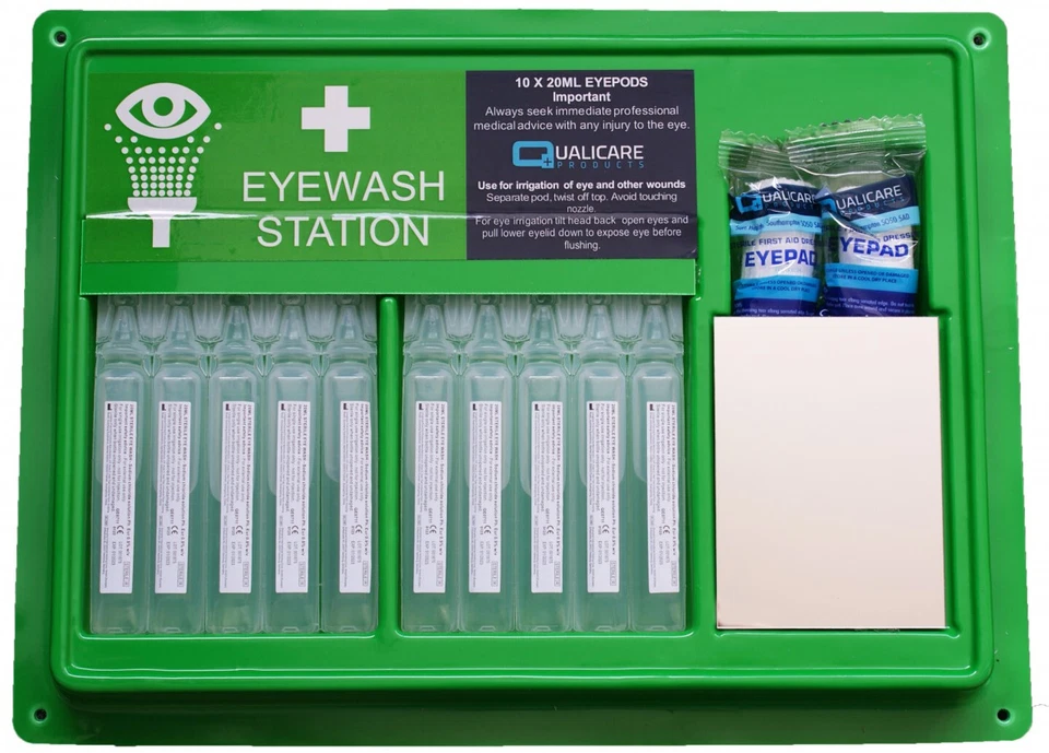 QUALICARE Eye Wash Kit Pod Station 10 Pods First Aid Spare Sterile Saline Eyewash Pods