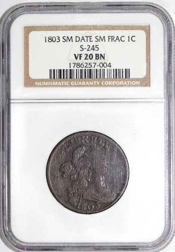 1803 1c S-245 Small Date Small Frac Draped Bust Large Cent NGC VF 20 - Picture 3 of 5