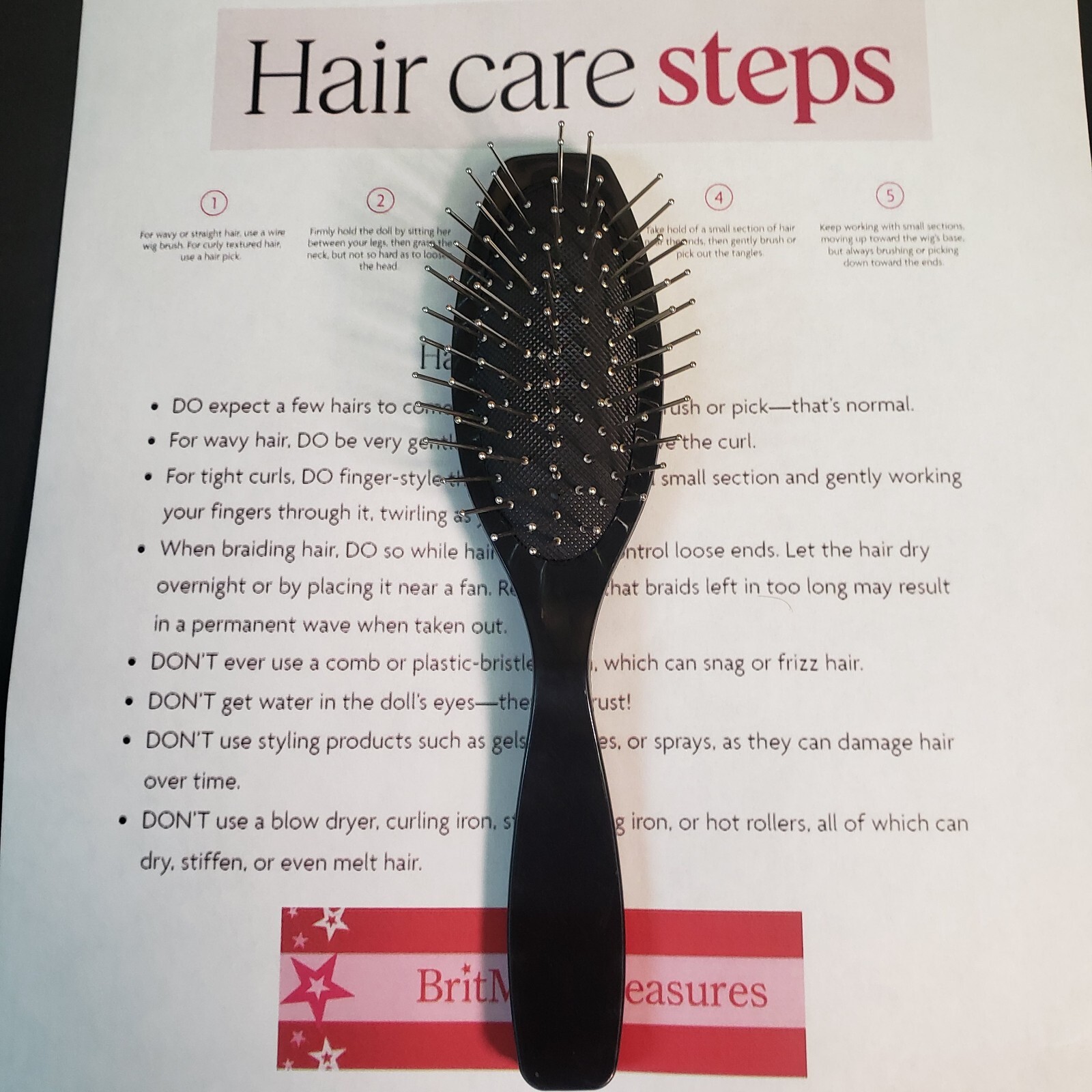 American Girl Doll Black Wire Hair Brush with Hair Care Inst