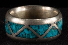 Sterling Silver Native American Ring Size 5 3/4 Inlaid Turquoise Band 4.3gr