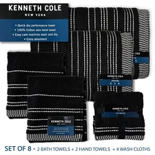 8PC KENNETH COLE Cotton Quick Dry Bath Hand Wash Stitch Lines Black White Multi