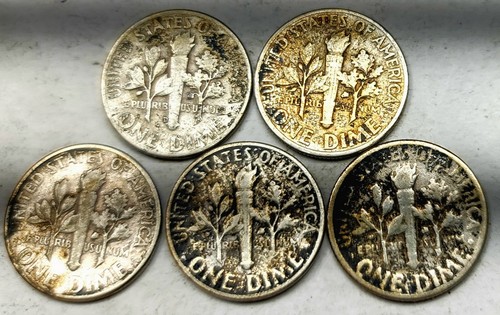 Lot 5 Toned Roosevelt Dimes 90% Silver Coins 1946-D 1948-P 1951-P 1953-P 1954-P - Picture 10 of 11
