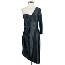 Adrianna Papell Women's Cocktail Dress Size 10 Black Satin One Shoulder Midi