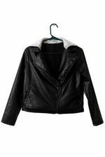 Girls Black Faux Leather Moto Jacket w/ Hood Size XL 14  16 